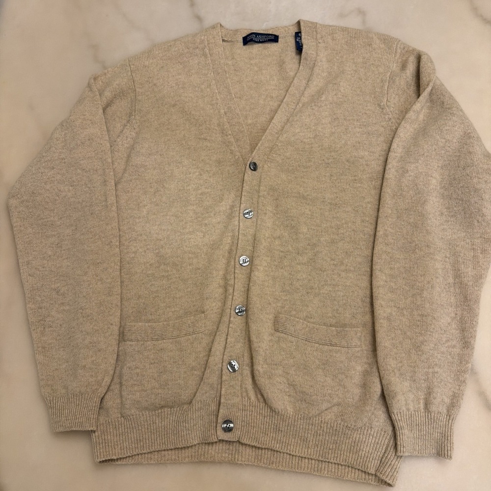 John Ashford Vintage Mens Brown/Beige 100% Wool V-Neck Button Cardigan Sweater L